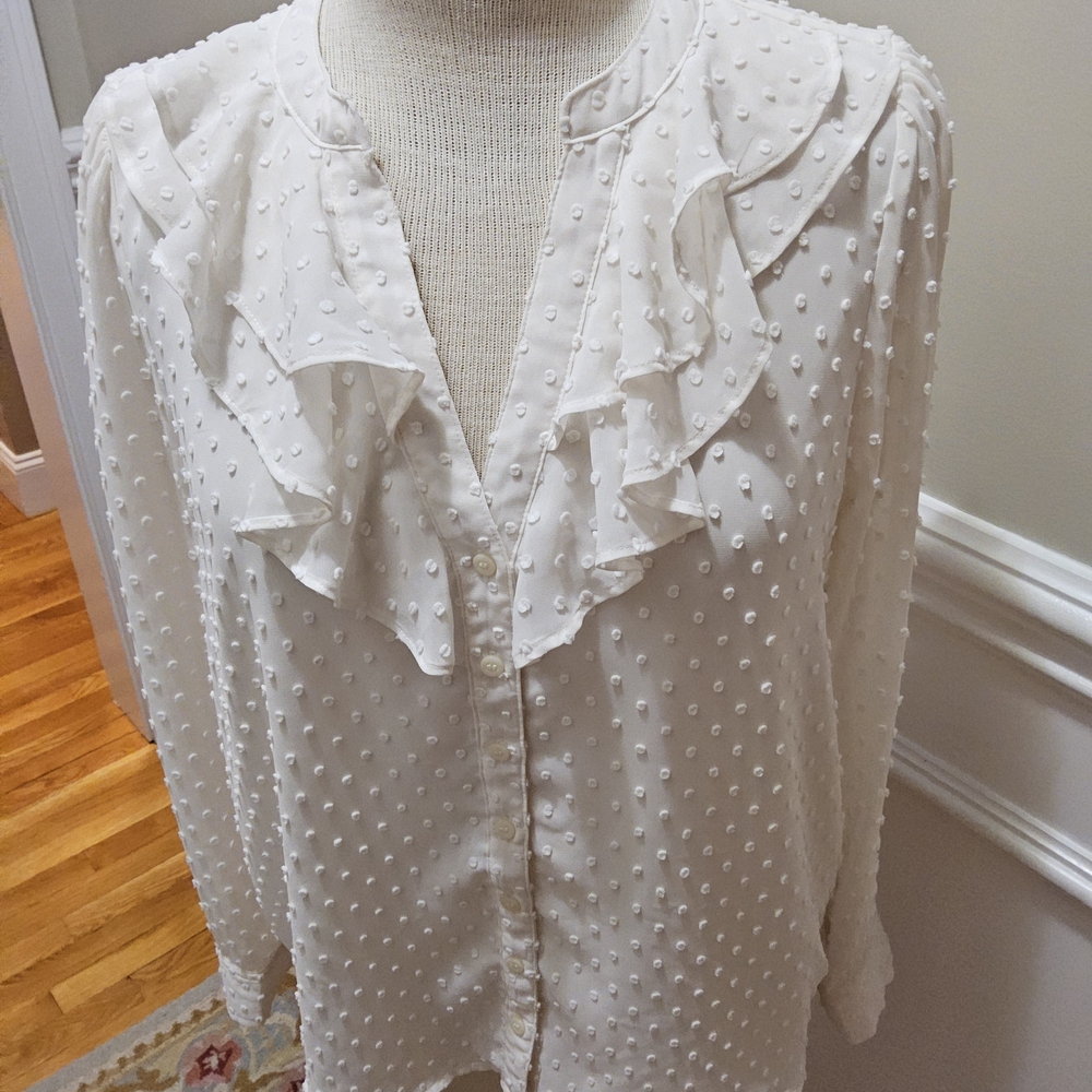 J. Crew Factory Ivory Swiss Dot Ruffle Front Blouse